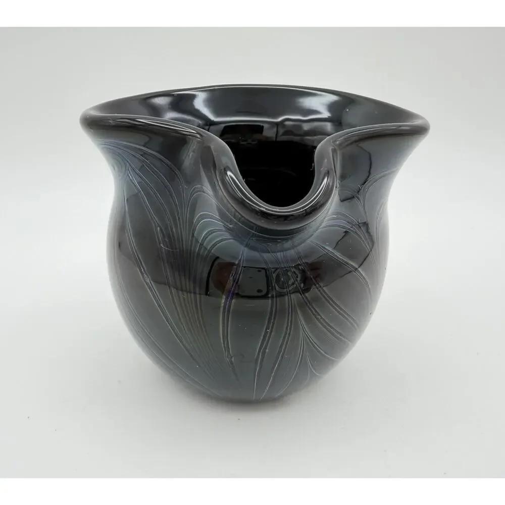 Hand Blown Black Glass Creamer Pitcher 3” Pulled Feather Design Signed Dated ‘72